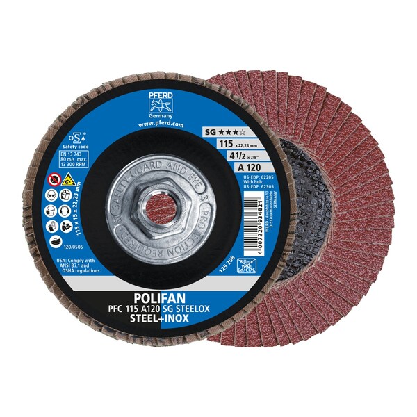 Pferd 4-1/2" x 5/8-11 Thd. POLIFAN Flap Disc - A SG STEELOX, Aluminum oxide, 120 Grit, Conical 62305 - main
